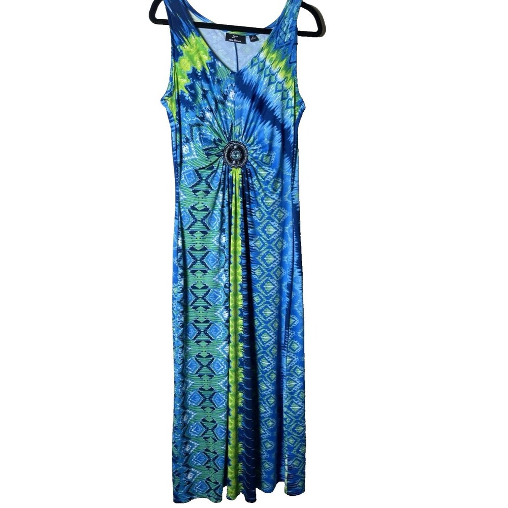 Lemmie for Nina Leonard Woman's Blue & Green Embellished Boho Maxi Dress Size M